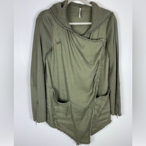Free People Tops - Free People Asymmetrical Snap Button Hoodie Olive Green Linen Blend S Top